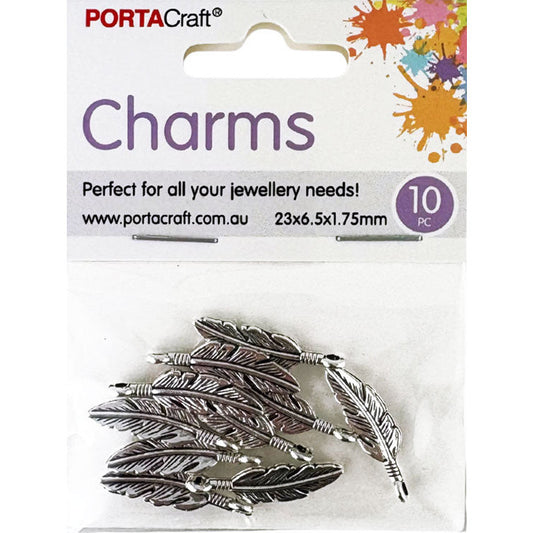 Charms Metal 10pc Feathers 23x6.5x1.75mm Silvered
