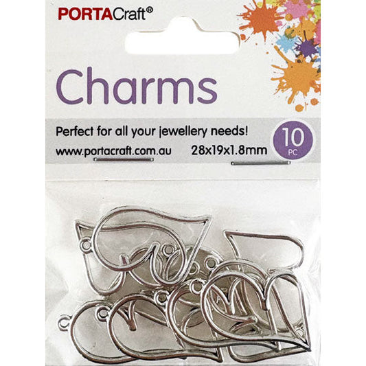 Charms Metal 10pc Hearts 28x19x1.8mm Silvered