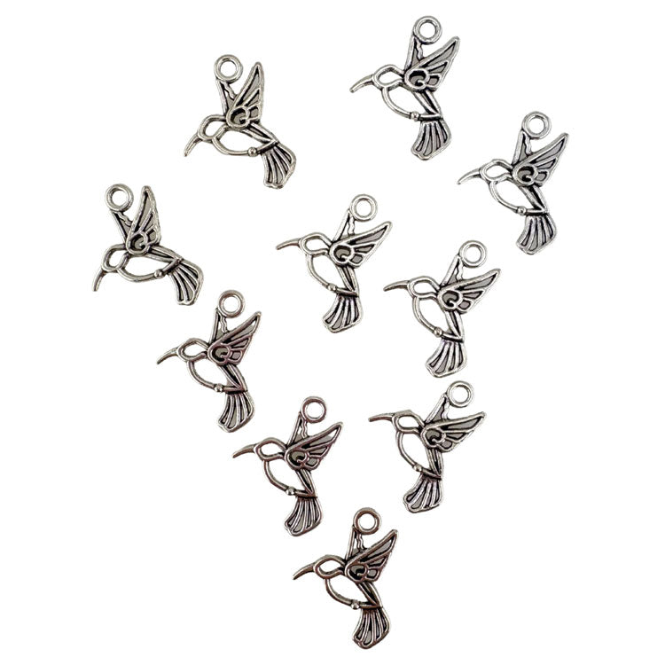 Humming Birds Metal Charms in Silver Tone 10pc