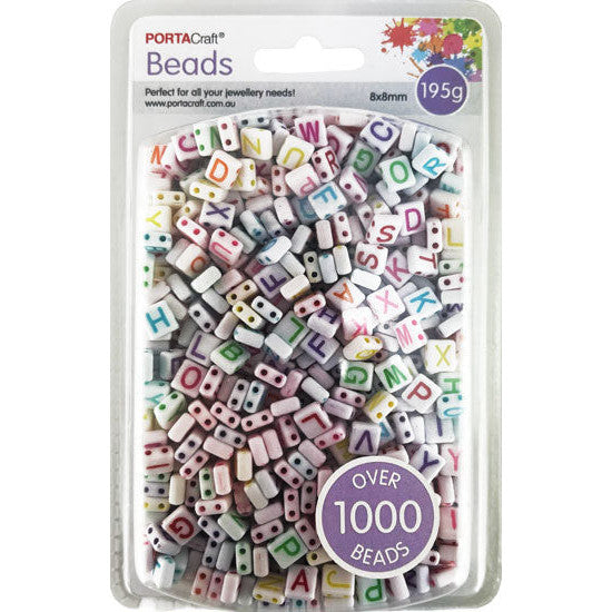 Alphabet Beads 8mm 195g White Squares - Multicolour Letters