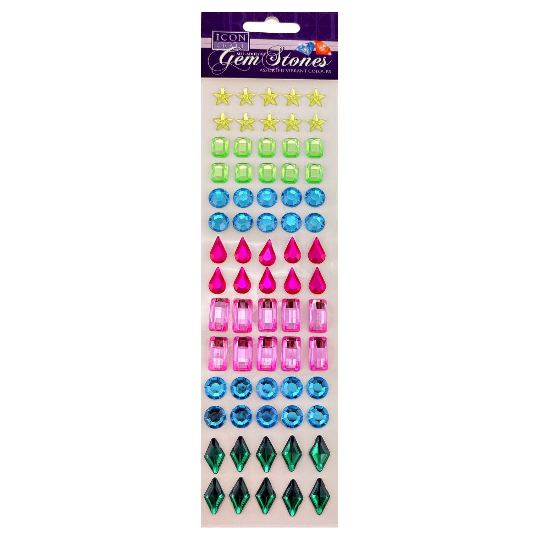 Rhinestone Gems Assorted Shapes 70pk - Bright Colours