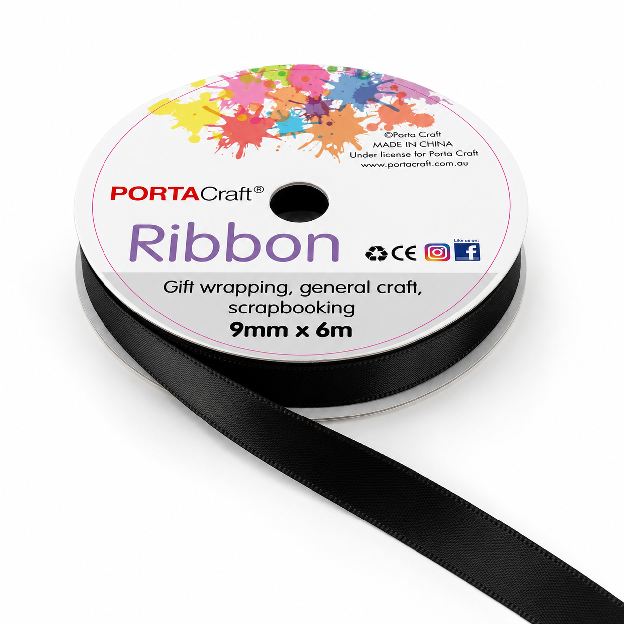 Satin Ribbon Double Sided 9mm x 6 metres - Black