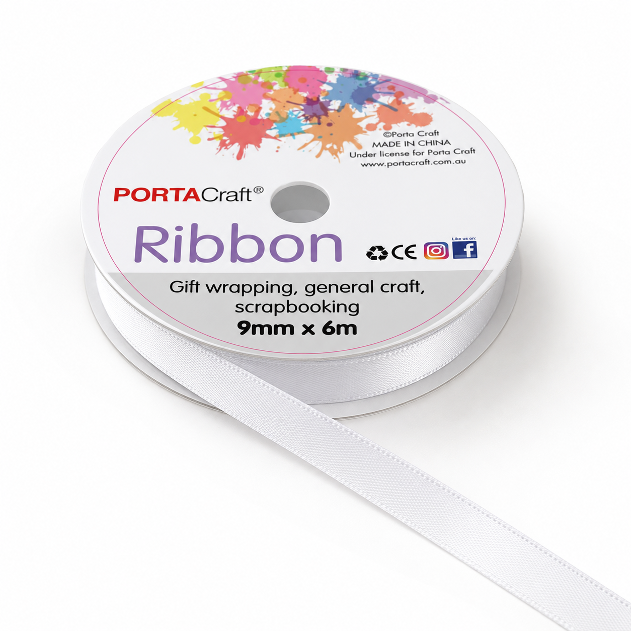 Satin Ribbon Double Sided 9mm x 6 metres - White