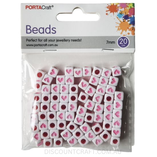 Cube Beads 7mm with Pink Hearts 20g