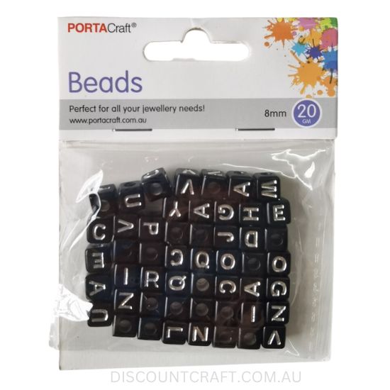 Cube Alphabet Beads 8mm Black with Silver Writing 20g
