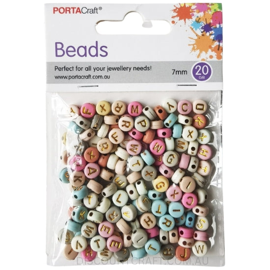 Circular Alphabet Beads 7mm - Coloured with Gold Text