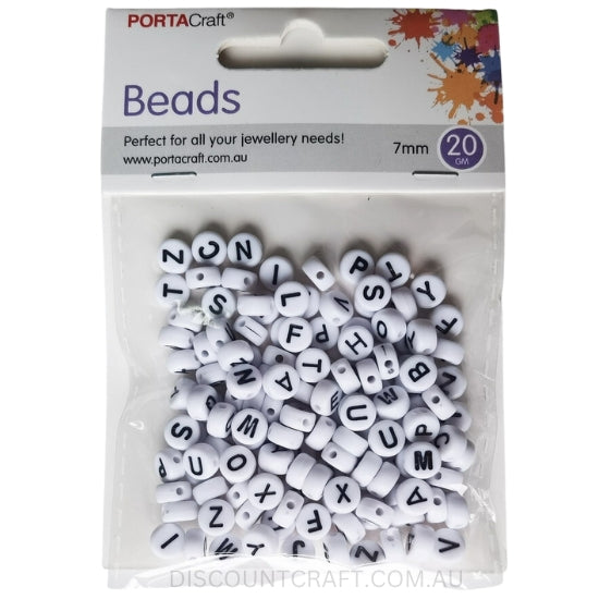 Circular Alphabet Beads 7mm - Black & White