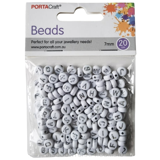 Circular Alphabet Beads 7mm - White with Silver Text
