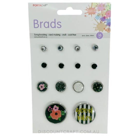 Brads Black & White 6mm x8pc, 12mm x4pc, 25mm x2pc