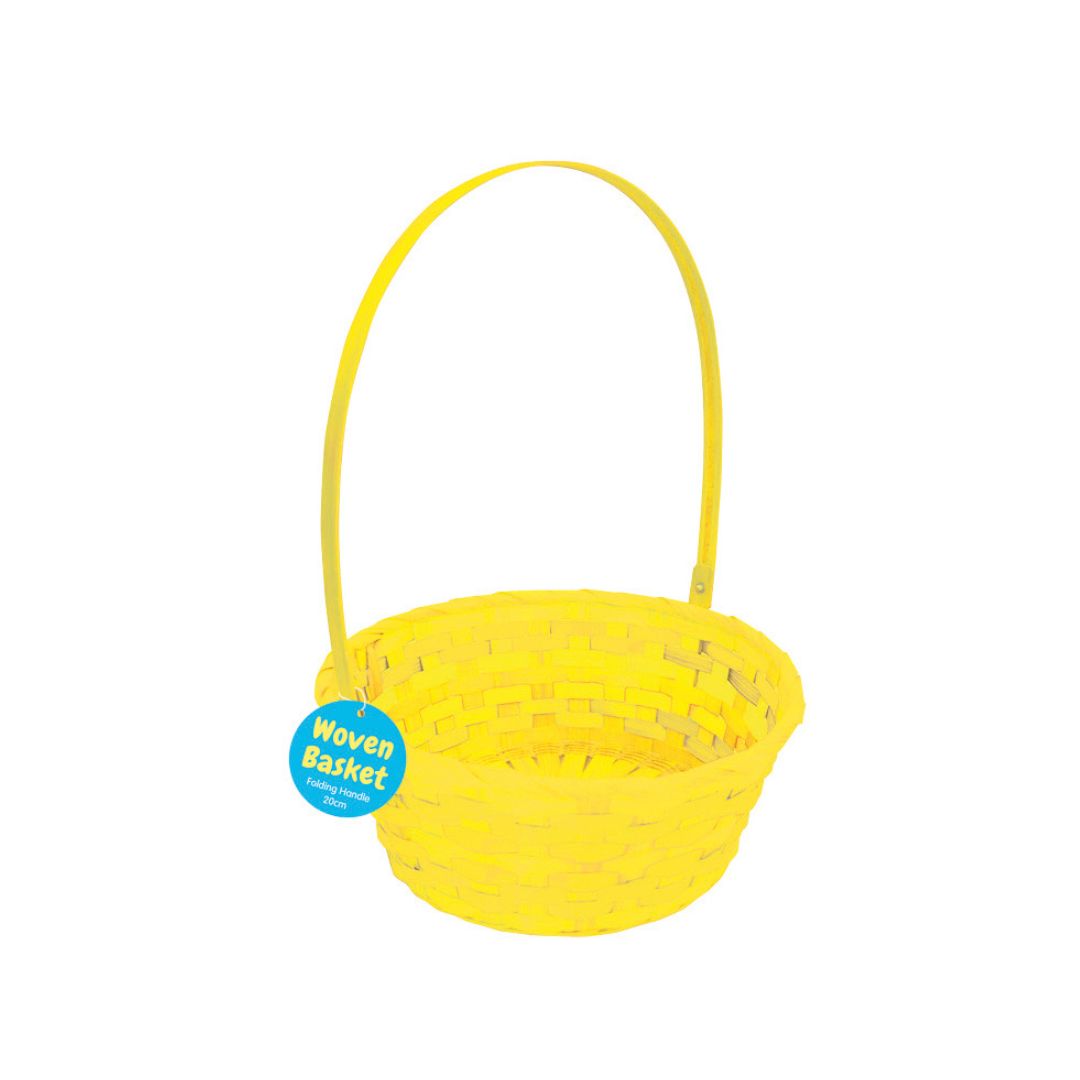 Woven Basket with Round Base & Folding Handle - Yellow