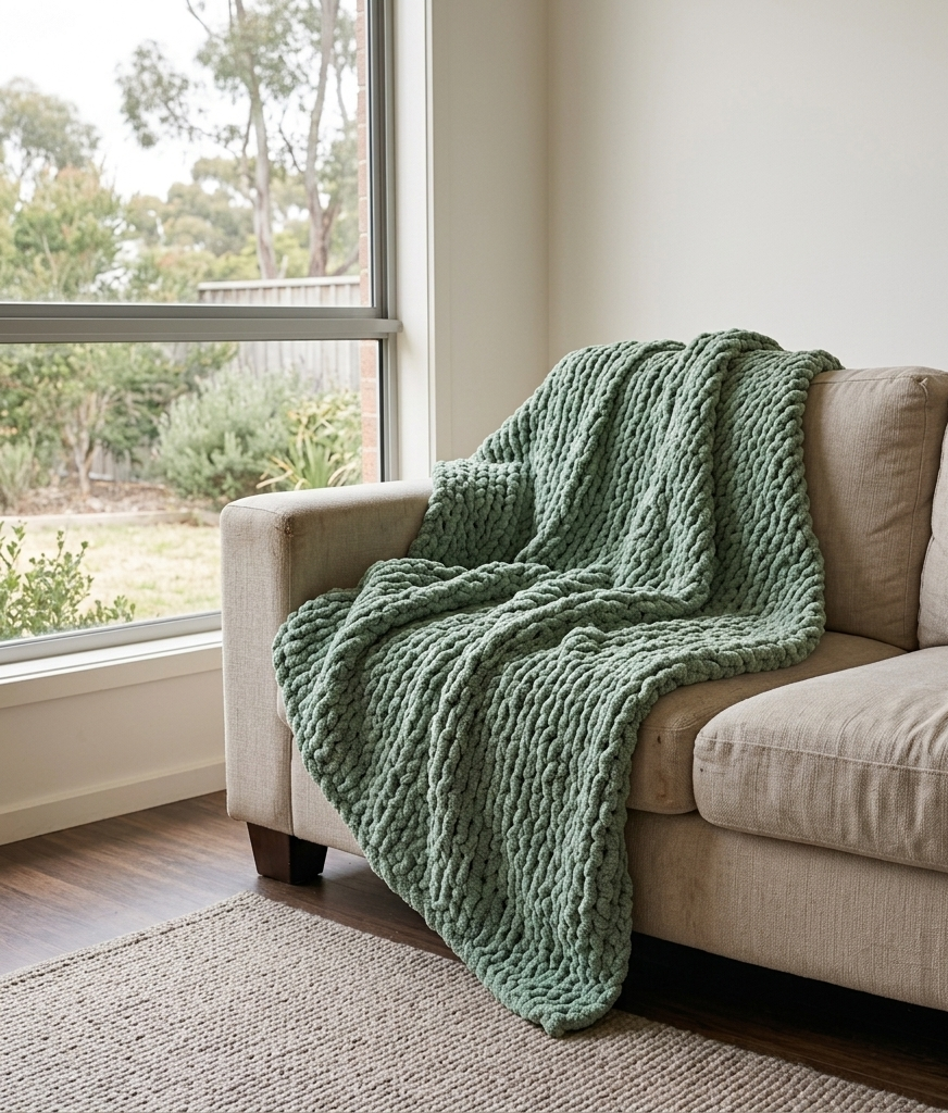 A chunky knit throw blanket in sage green is draped over a light beige fabric sofa in a bright living room setting with a window showing outdoor greenery.