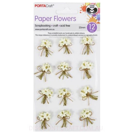 Paper Flowers Bunch with Beads - Ivory 25mm 12pk