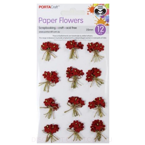 Paper Flowers Bunch with Beads - Red 25mm 12pk
