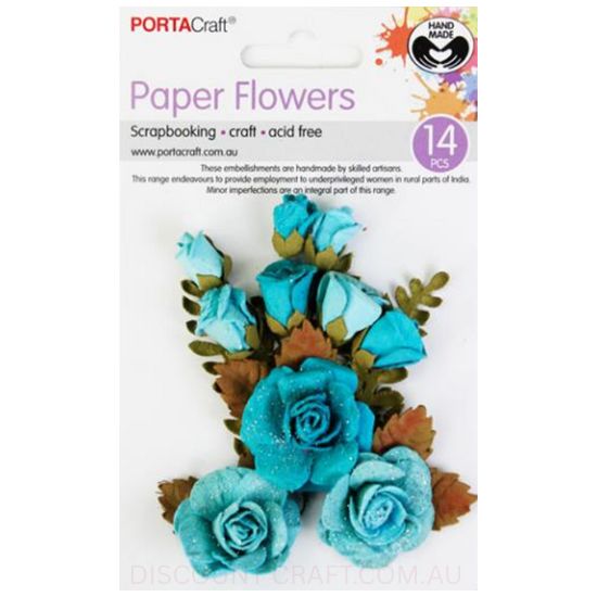 Paper Flowers- Roses with Glitter Aquamarine 14pk