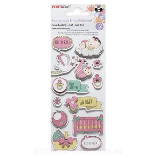 Handmade Glitter Embellishments - Baby Arrival Pink 12pk