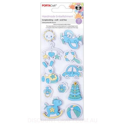 Handmade Glitter Embellishments - Blue Baby Toys 11pk