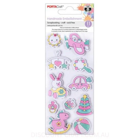 Handmade Glitter Embellishments - Pink Baby Toys 11pk