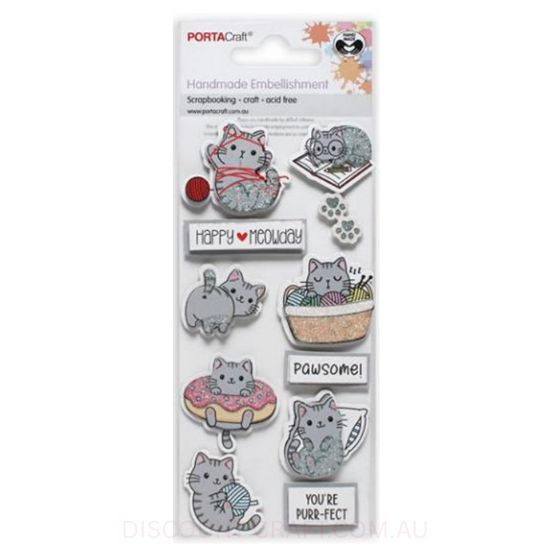 Handmade Glitter Embellishments - Grey Birthday Cats 11pk