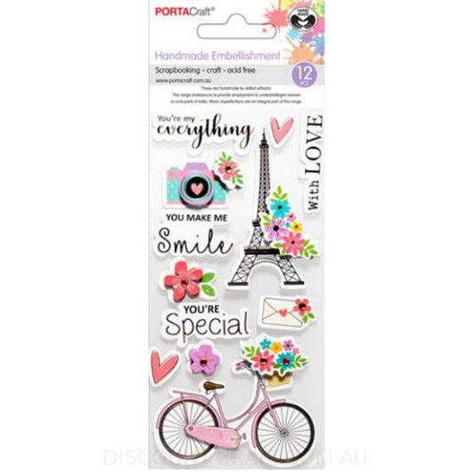 Handmade Glitter Embellishments - Paris Love 12pk