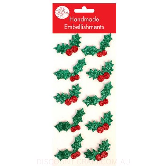 Handmade Christmas Glitter Embellishment - Holly 20mm 10pk