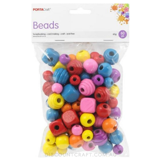 Wooden Beads Assorted Shapes 60pk - Multicolour