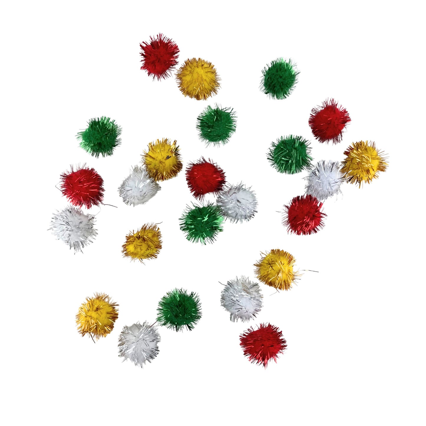 Tinsel Pom Poms 24pc - Christmas Colours (Red, Green, Gold, White)