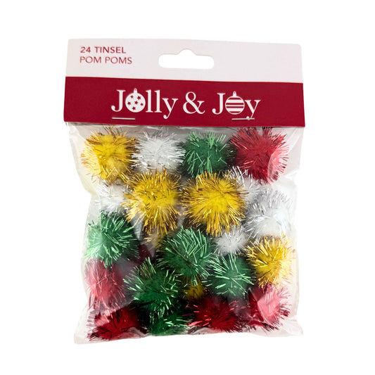 Tinsel Pom Poms 24pc - Christmas Colours (Red, Green, Gold, White)