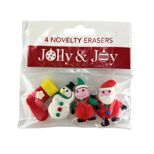 Christmas Novelty Erasers 4 designs - Elf, Snowman, Stocking, Santa