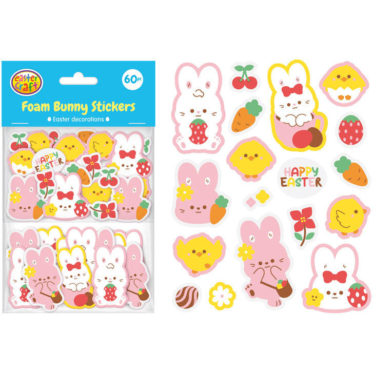 Printed Foam Bunny Stickers – Easter Designs - 60 Pack