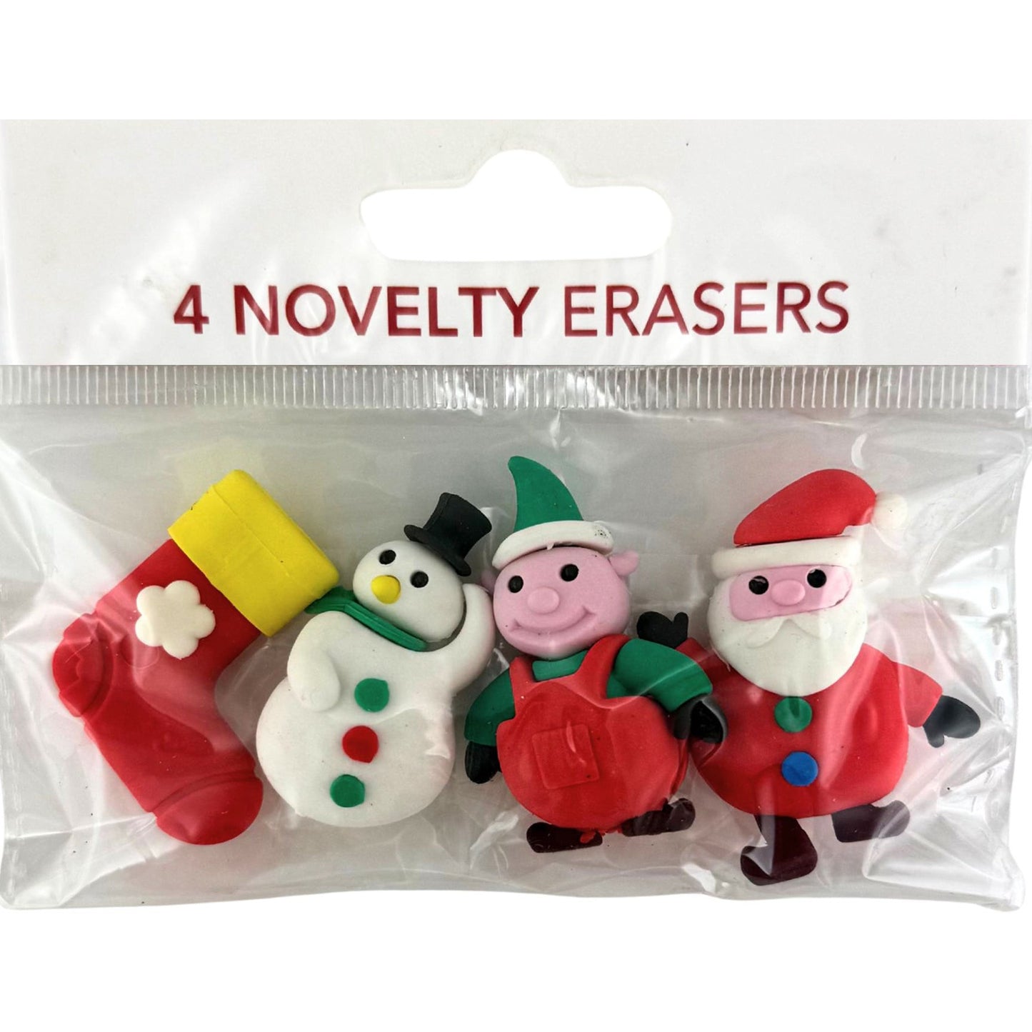 Christmas Novelty Erasers 4 designs - Elf, Snowman, Stocking, Santa