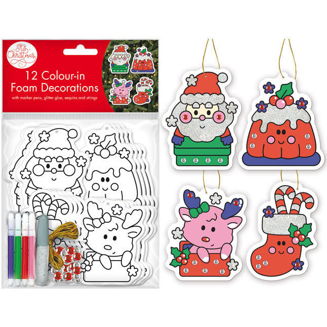 Colour-In Foam Christmas Ornaments 12pk
