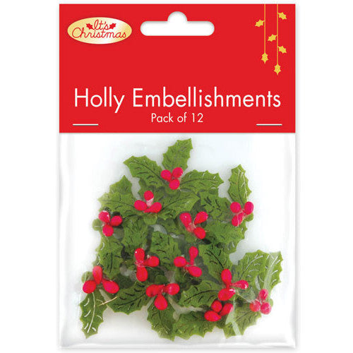 Felt Holly Christmas Embellishments 4.5 x 2.8cm 12pk