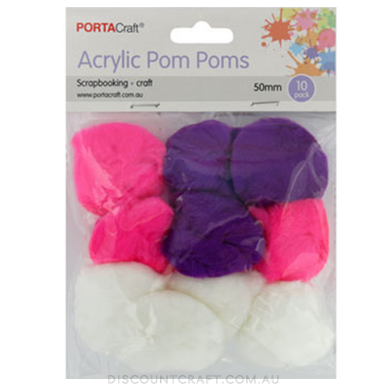 Acrylic Pom Poms 50mm 10pk - Pink, Purple & White