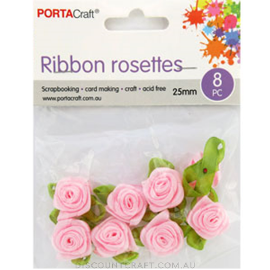 Rosettes Ribbon 25mm 8pk with Leaves - Baby Pink