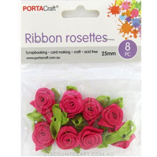 Rosettes Ribbon 25mm 8pk with Leaves - Hot Pink
