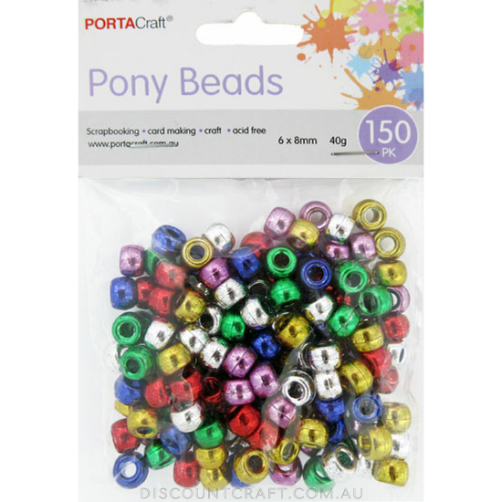 Beads Pony 8mm 40g 150pk - Metallic Multicolour