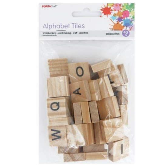 Wooden Alphabet Tiles 20x20x7mm 40pk