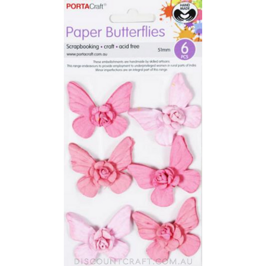 Handmade Paper Butterflies 51mm 6pk - Pink