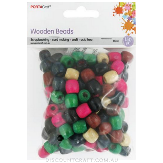 Beads Wooden 10mm 150pk - Barrel Multicolour