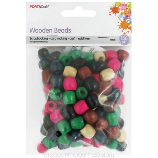 Beads Wooden 10mm 150pk - Barrel Multicolour