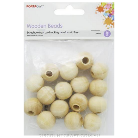 Beads Wooden 20mm 16pc - Round Natural