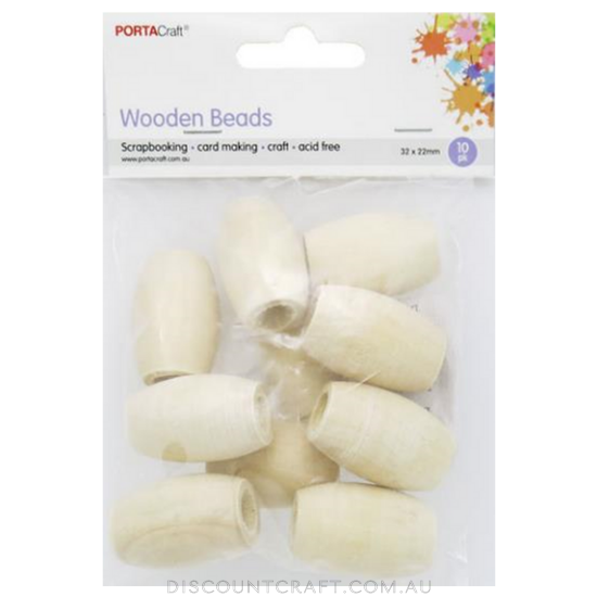 Beads Wooden 32x22mm 10pc - Long Barrel Natural