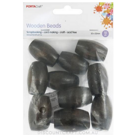 Beads Wooden 32x22mm 10pc - Long Barrel Walnut