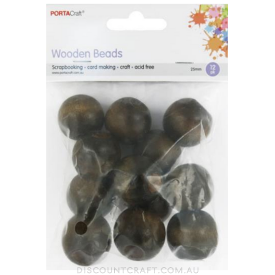 Beads Wooden 25mm 12pc - Round Walnut