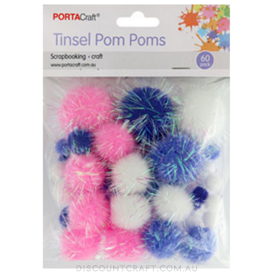 Tinsel Pom Poms 60pc - Assorted Purple/Pink/White