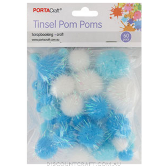 Tinsel Pom Poms 60pc - Assorted Blue & White Mix