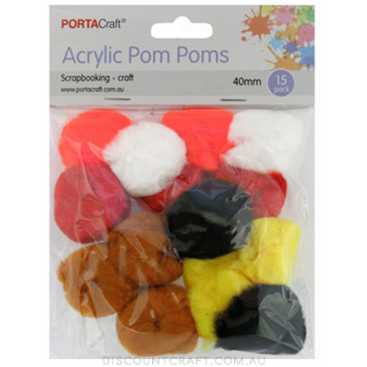Acrylic Pom Poms 40mm 15pk - Earth Tones