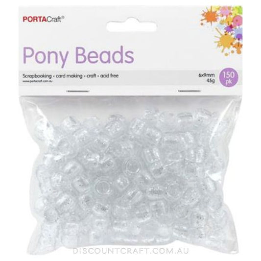 Glitter Clear Pony Beads 6x9mm 150pk