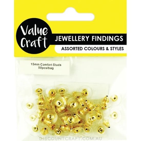 Earring Comfort Studs 15mm 50pk - Gold