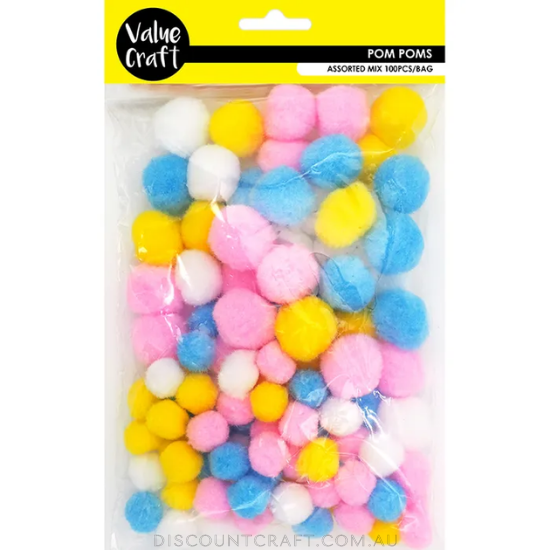 Acrylic Pom Poms Assorted Pastel Mix 100pk